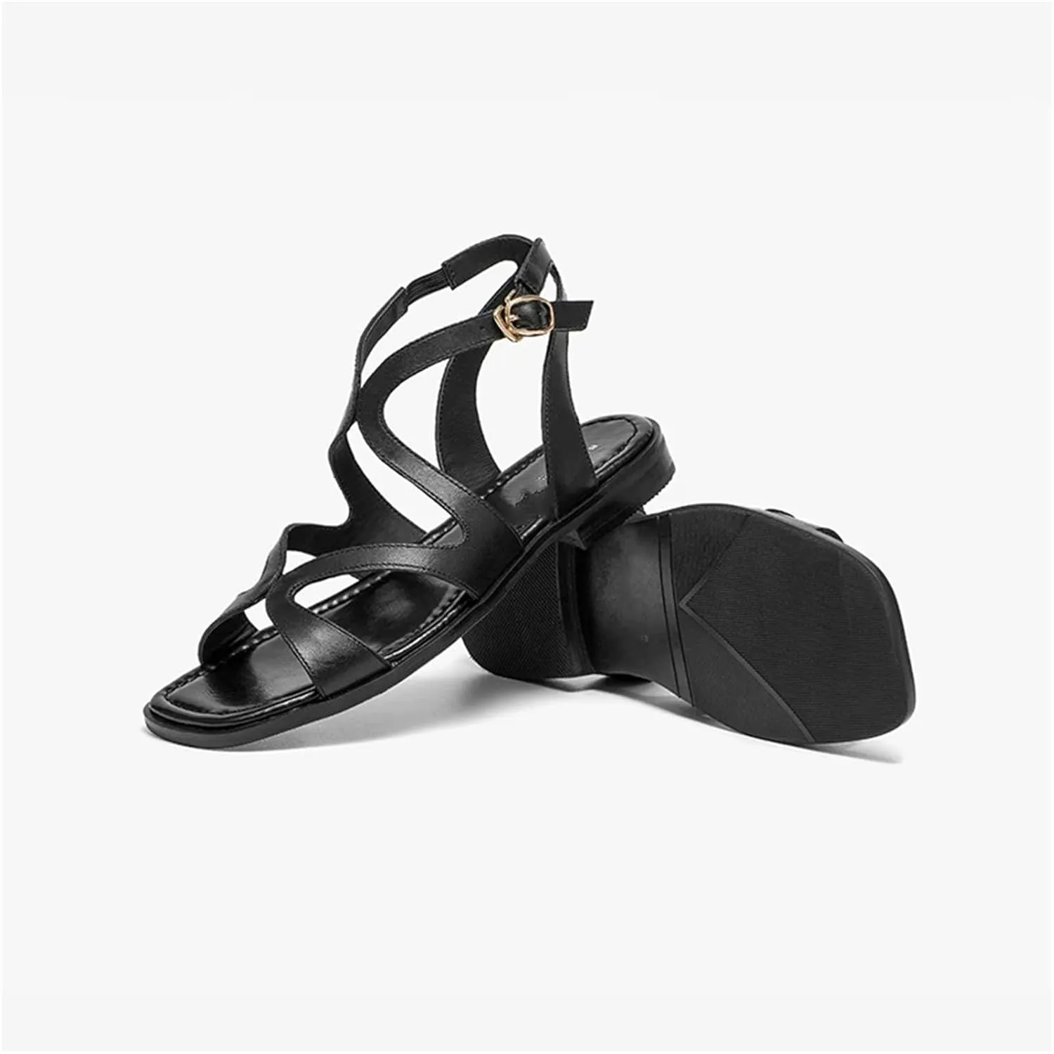 Women's Cow Leather Gladiator Sandals - Square Toe Buckle Strap Roman Summer