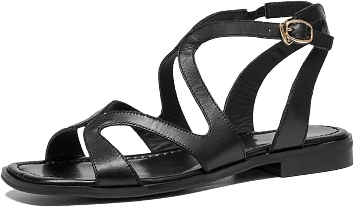 Women's Cow Leather Gladiator Sandals - Square Toe Buckle Strap Roman Summer