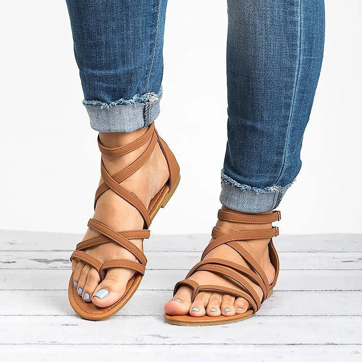 Womens Flat Sandals Dressy Gladiator Cross Strappy Sandals Summer Casual Comfort Fisherman Thong Flip Flops with Back Zipper