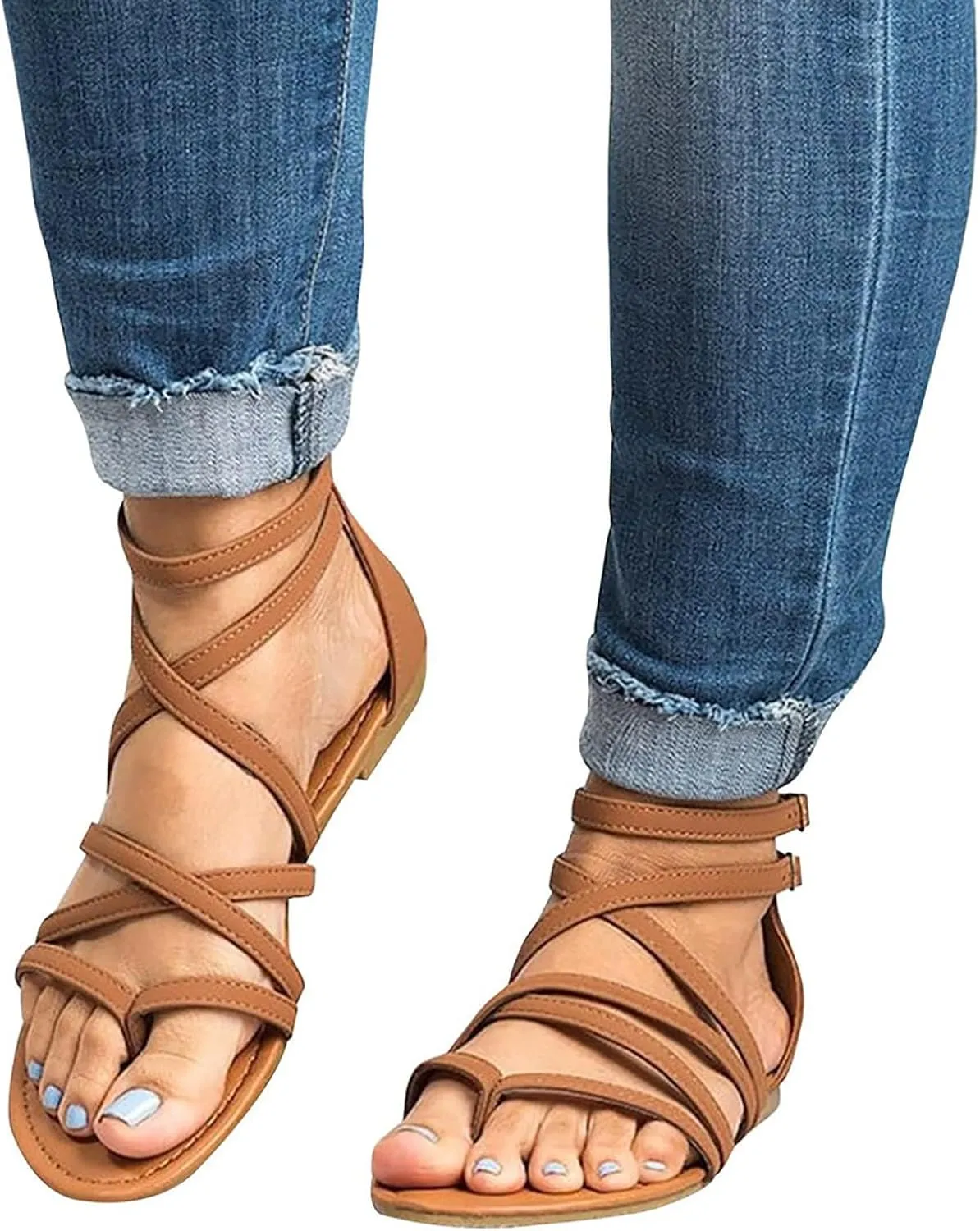 Womens Flat Sandals Dressy Gladiator Cross Strappy Sandals Summer Casual Comfort Fisherman Thong Flip Flops with Back Zipper