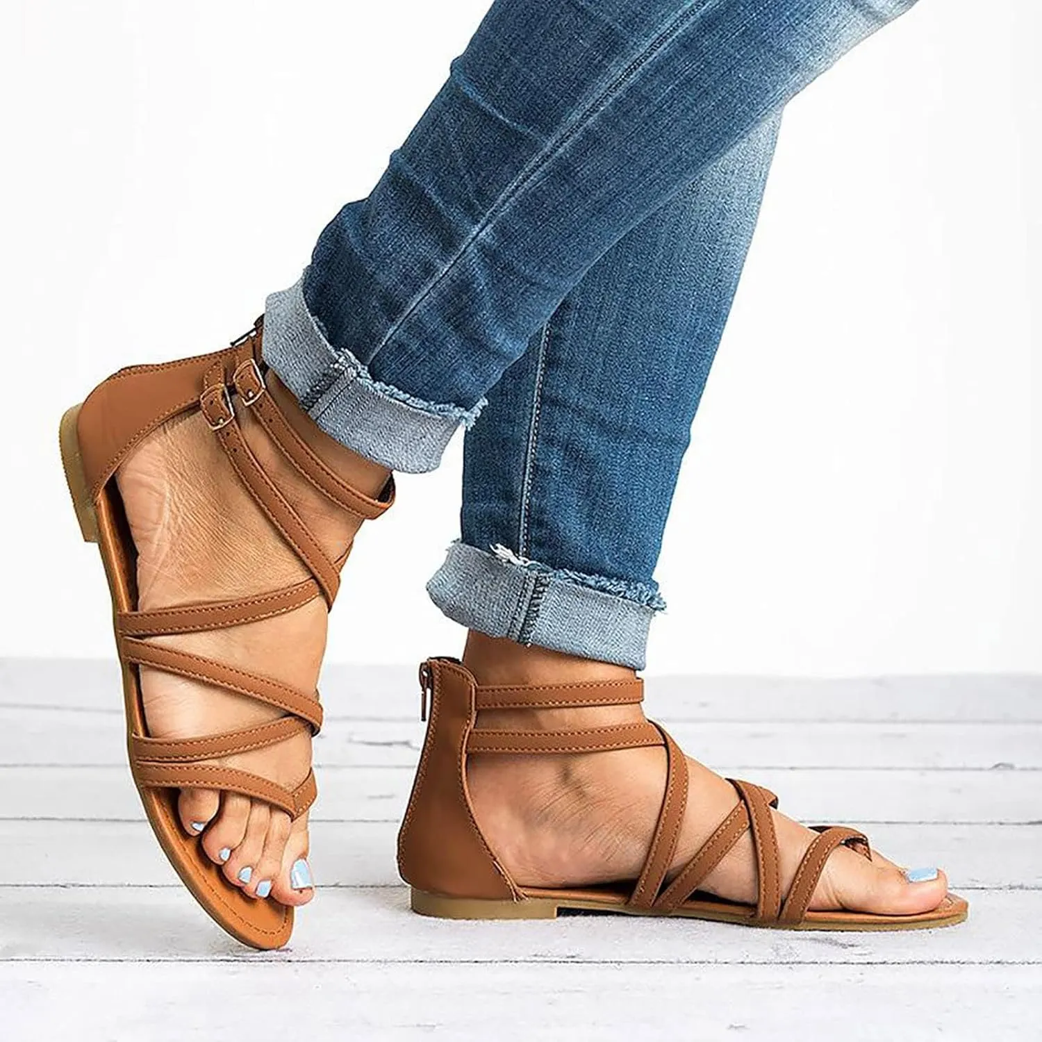 Womens Flat Sandals Dressy Gladiator Cross Strappy Sandals Summer Casual Comfort Fisherman Thong Flip Flops with Back Zipper