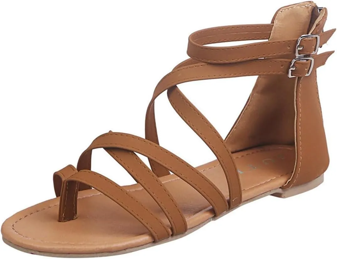 Womens Flat Sandals Dressy Gladiator Cross Strappy Sandals Summer Casual Comfort Fisherman Thong Flip Flops with Back Zipper
