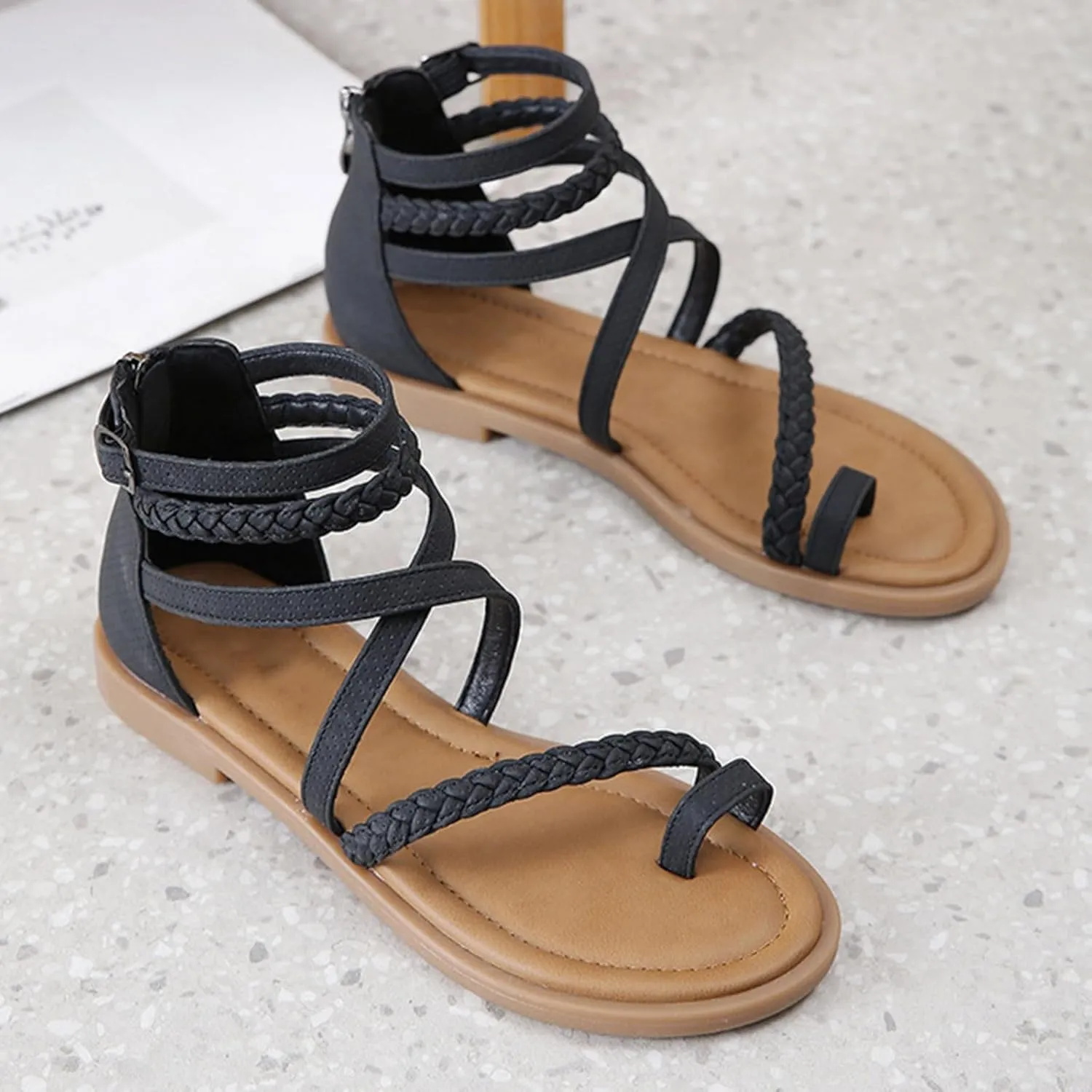 Womens Sandals Dressy, Orthopedic Sandals for Women Gladiator Strap Sandal Flat Fisherman Thong Cross Strappy Sandal